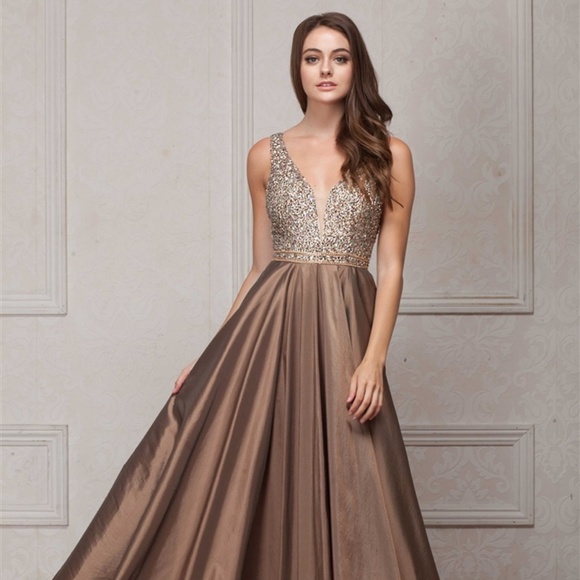 PROM EVENING DRESS OPEN BACK SIZE 2-12 TAUPE AC772